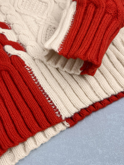 Elegant High-Neck Striped Blouse – Color-Block Knit Long Sleeve Top