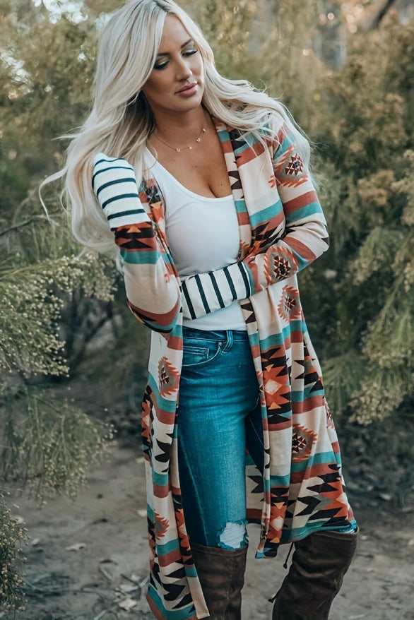 Southwestern Aztec Print Cardigan – Women’s Turquoise & Red Knit Jacket