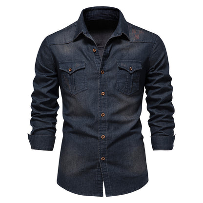 Loom & Soul™ Men’s Denim Shirt – Slim Fit Long-Sleeve Casual Button-Down Top