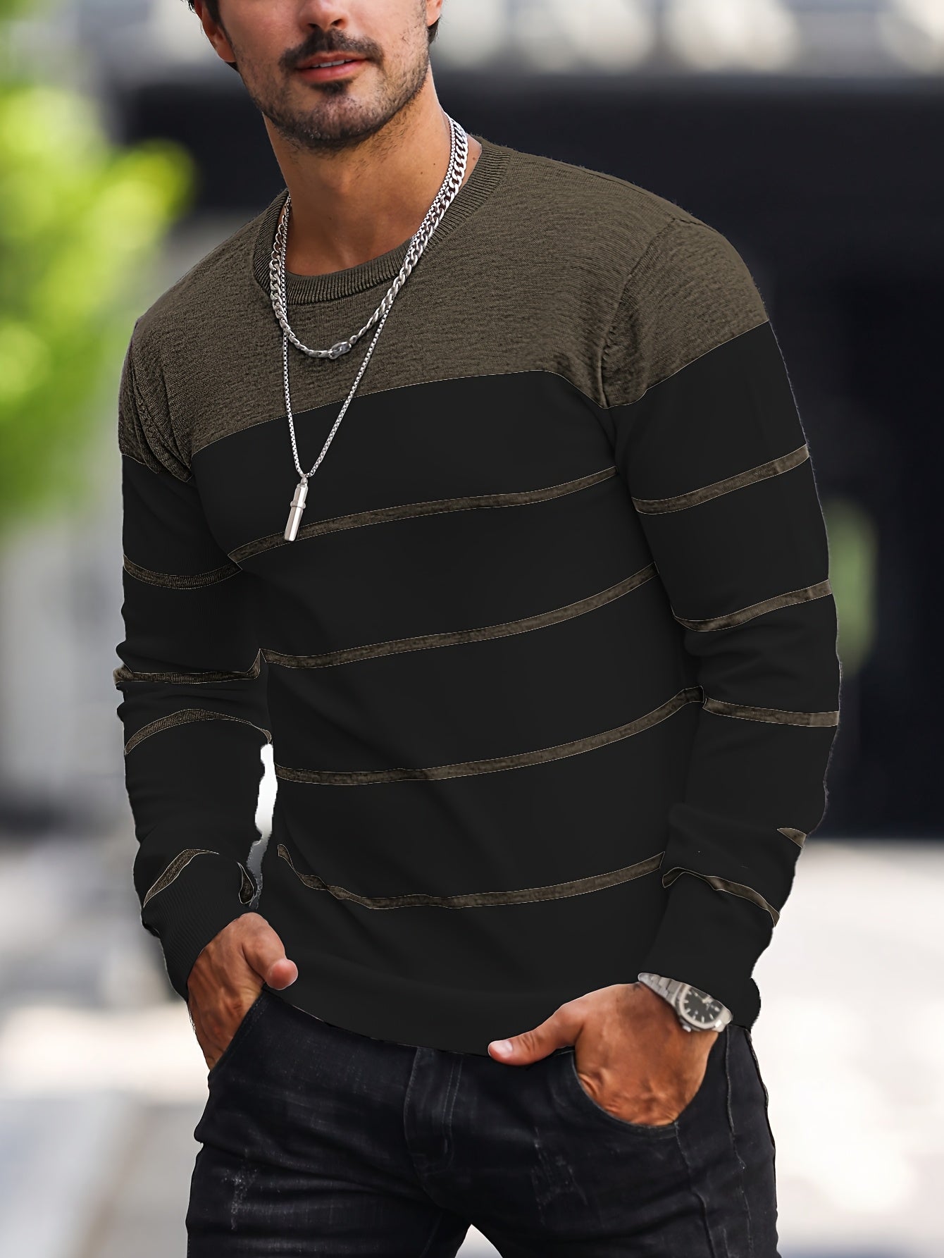 Pull tricoté rayé bleu marine pour homme – Col rond décontracté