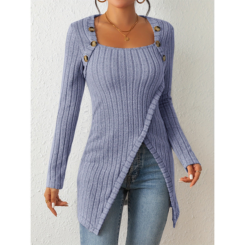 Women’s Off-Shoulder Square-Neck Slit Sweater – Elegant Knit Top