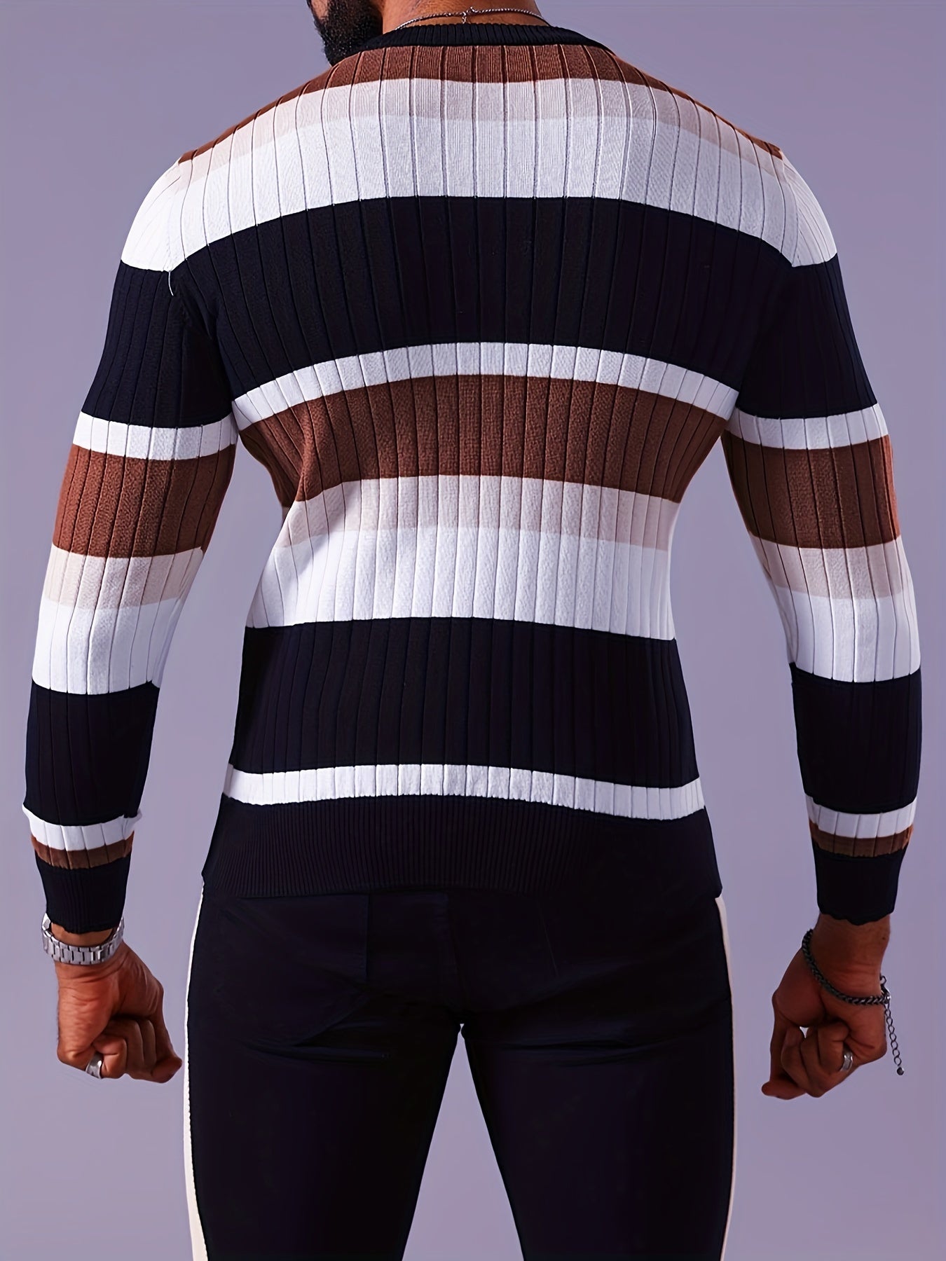 Men’s Striped Ribbed Knit Sweater – Color-Block Fall Winter Pullover