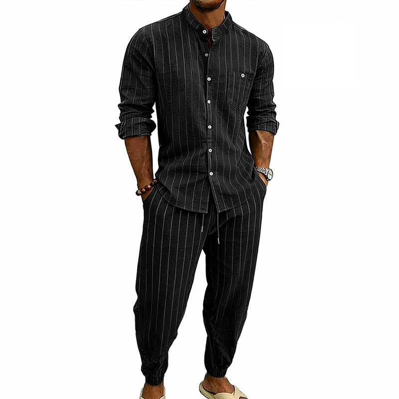 Men’s Striped Henley Set – Linen Jogger Streetwear Outfit