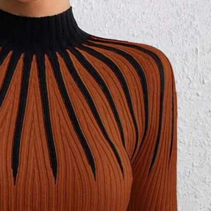 Suéter de punto de cuello alto ajustado para mujer – Manga larga a rayas acanalado