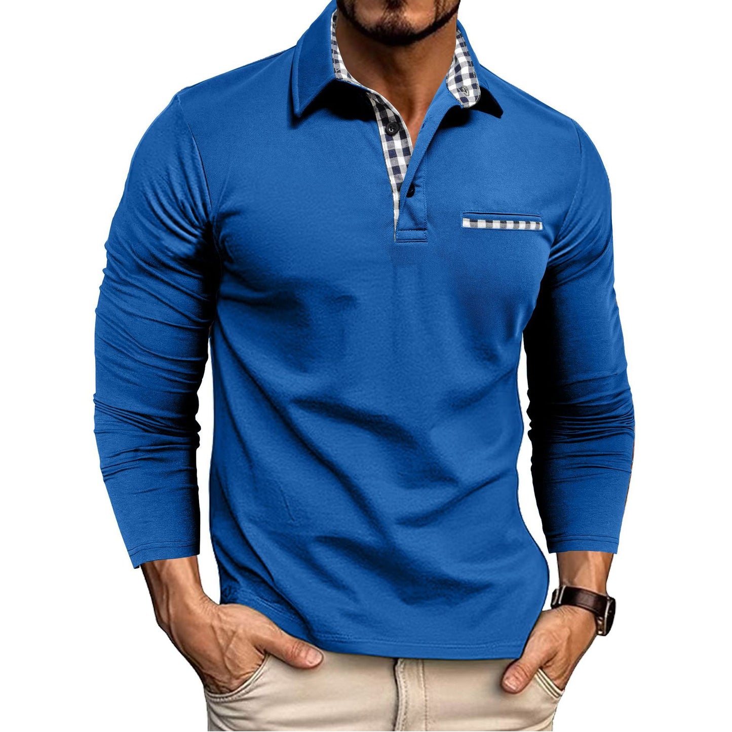 Loom & Soul™ Men’s Plaid Splicing Polo Shirt – Long Sleeve Casual Solid Color Top