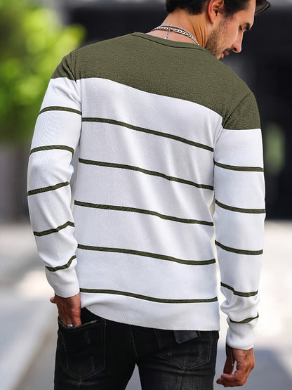 Pull tricoté rayé bleu marine pour homme – Col rond décontracté