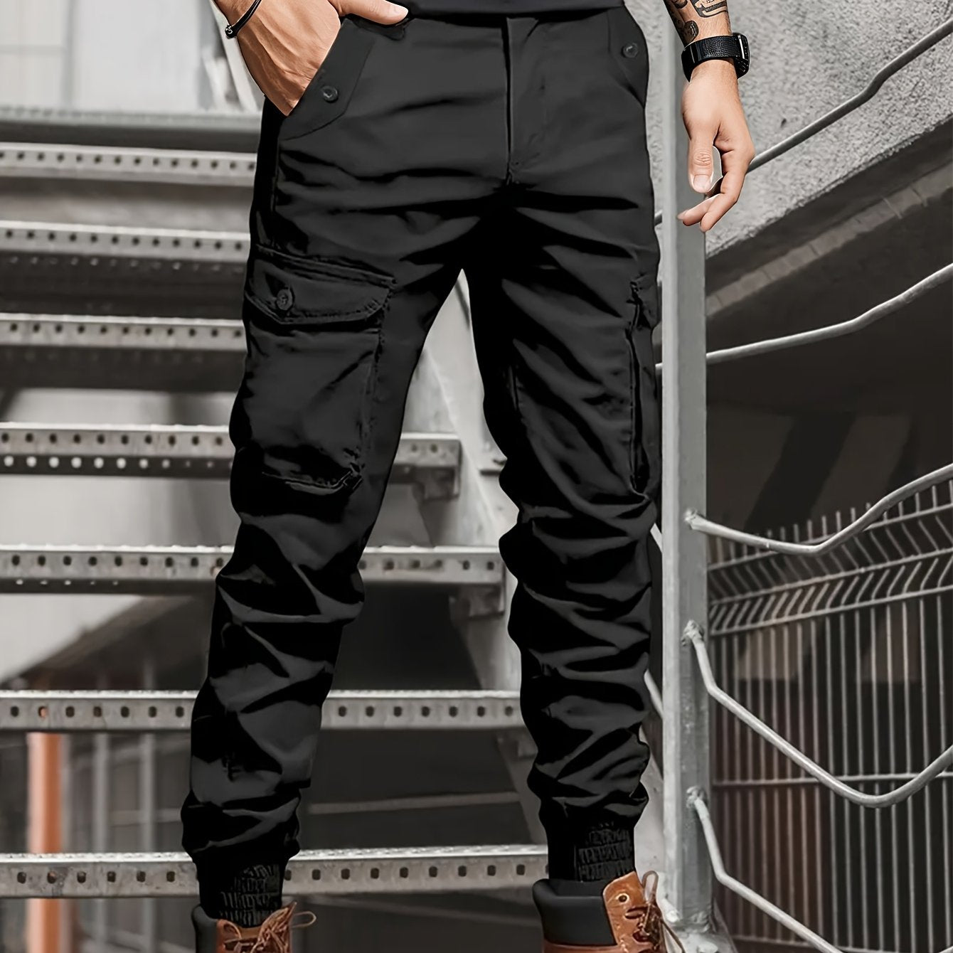 Men’s Olive Cargo Pants – Multi-Pocket Drawstring Utility Trousers