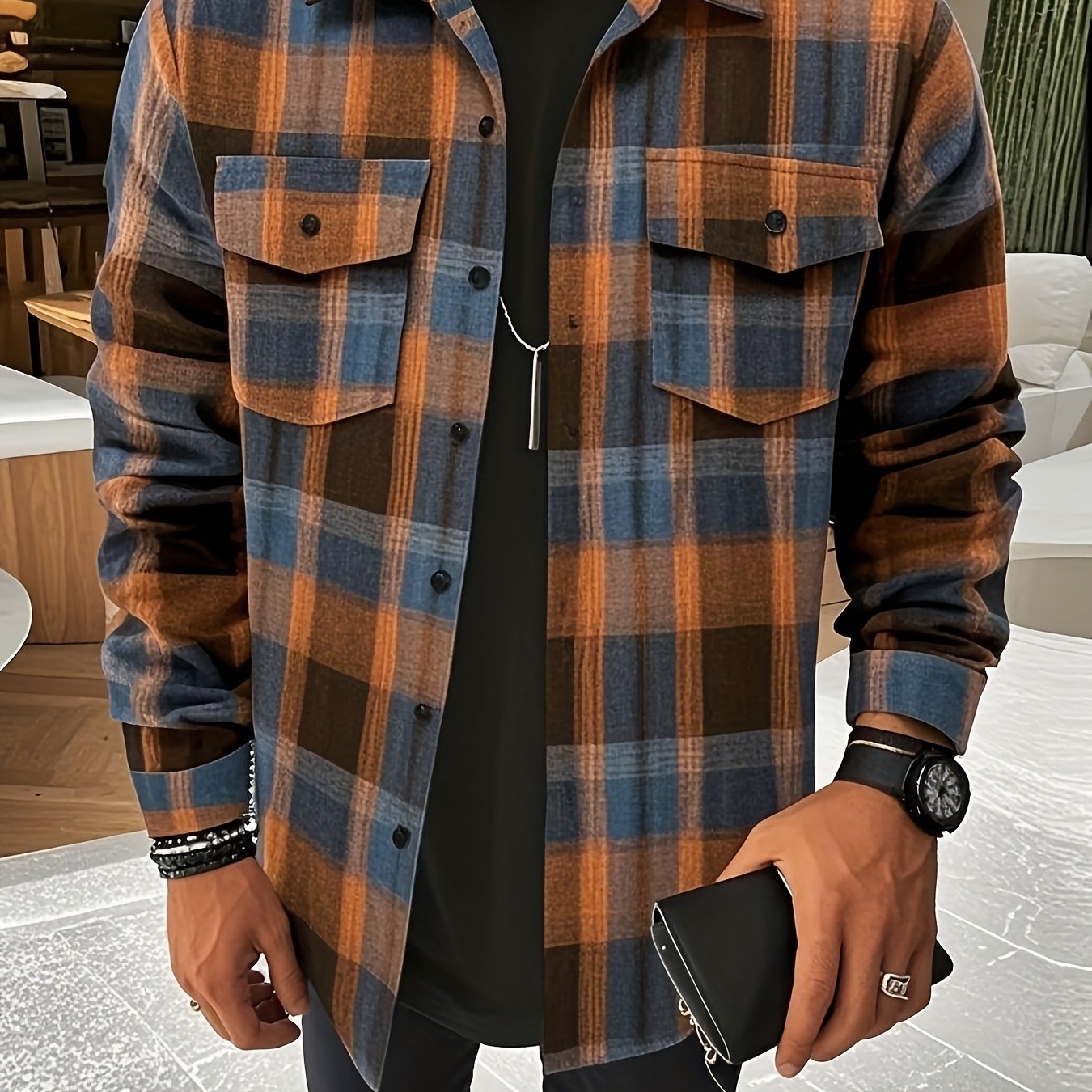 Chemise à carreaux verte et bleue pour homme – Chemise décontractée boutonnée à carreaux