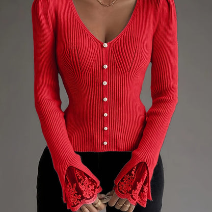 Women’s Elegant Pink V-Neck Pullover – Ribbed Long Sleeve Knit Top