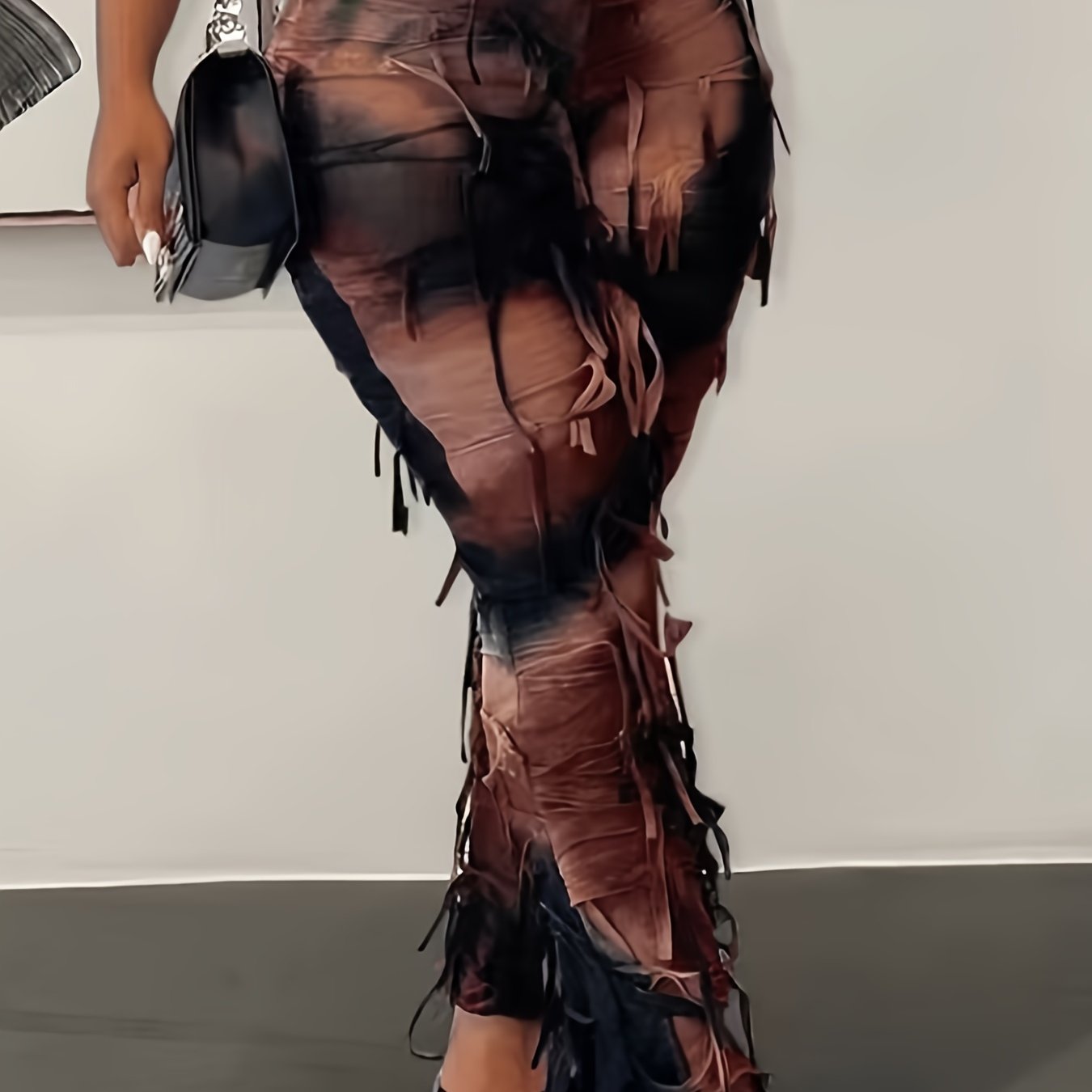 Tie-Dye Mesh Flare Pants – High-Waisted Fringe Detail Semi-Sheer Trousers