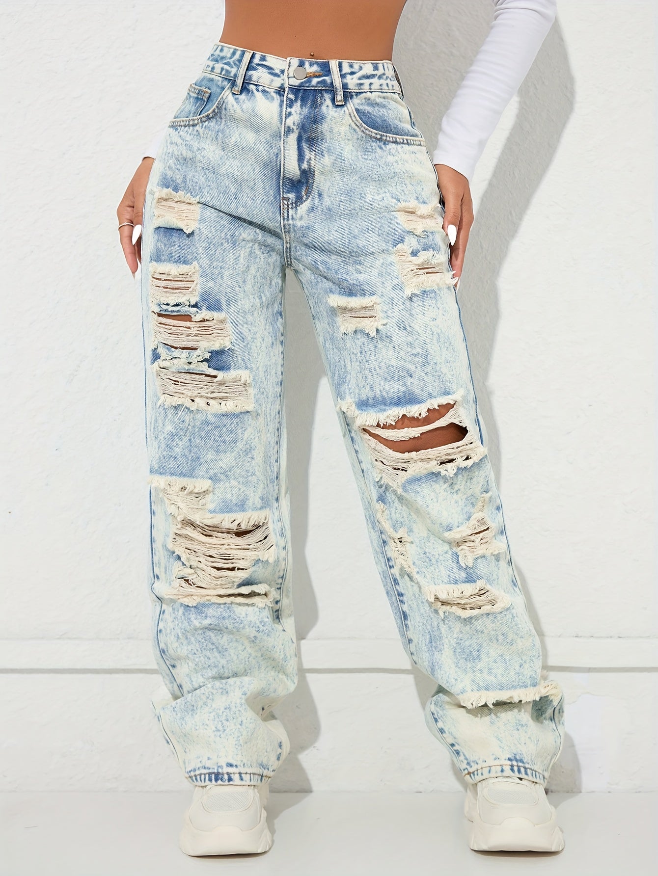 Vaqueros anchos vintage desgastados – Denim clásico lavado azul estilo urbano