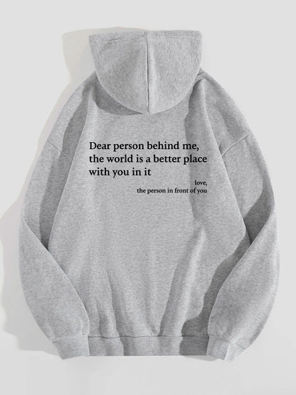 Loom & Soul “Dear Person Behind Me” Hoodie – Women’s Plush Printed Pullover with Kangaroo Pocket & Drawstring Hood (Unisex, Multiple Colors)