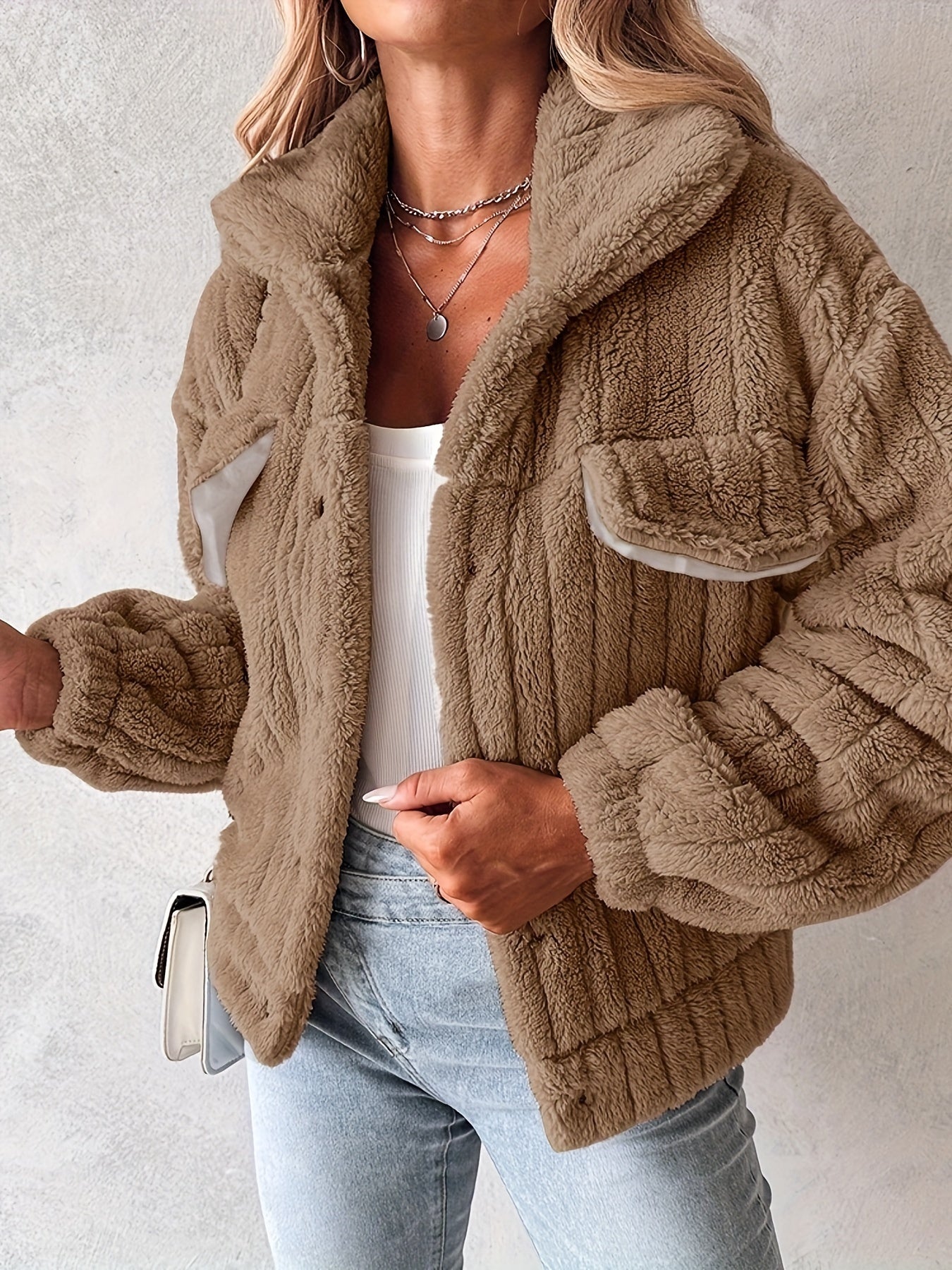 Women’s Soft Pink Plush Jacket – Button-Up Winter Coat with Lapel Collar