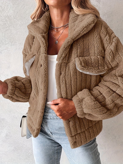 Women’s Soft Pink Plush Jacket – Button-Up Winter Coat with Lapel Collar