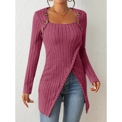 Women’s Off-Shoulder Square-Neck Slit Sweater – Elegant Knit Top
