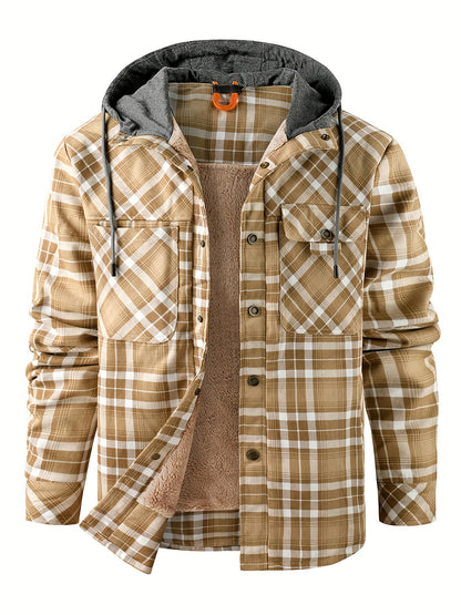Men’s Plaid Flannel Hooded Jacket – Asymmetrical Button Tartan Coat