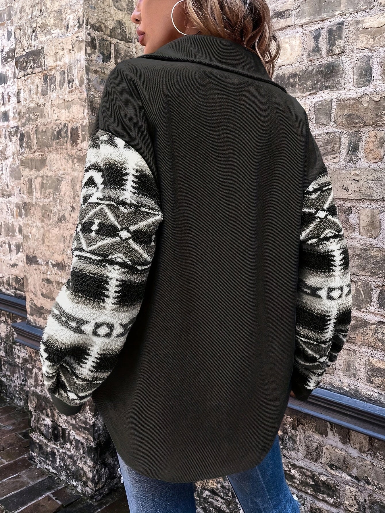 Women’s Geometric Fleece Jacket – Warm Color Block Winter Coat