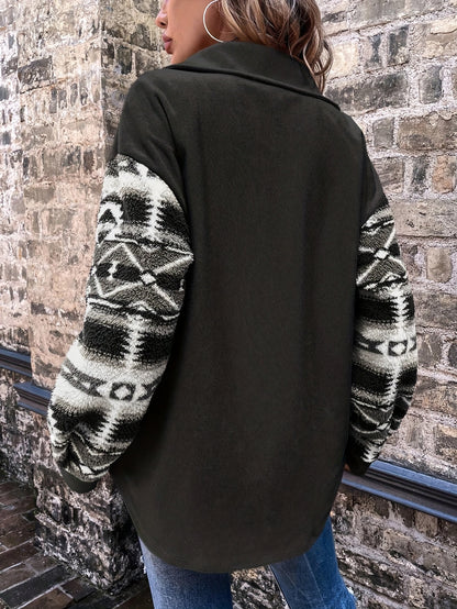 Women’s Geometric Fleece Jacket – Warm Color Block Winter Coat