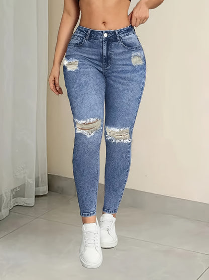 Women’s High-Waist Ripped Skinny Jeans – Stretch Denim Pencil Pants