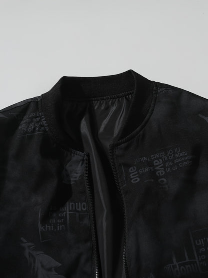 Men’s Feather Print Track Jacket – Zip-Up Baseball Collar Street Coat