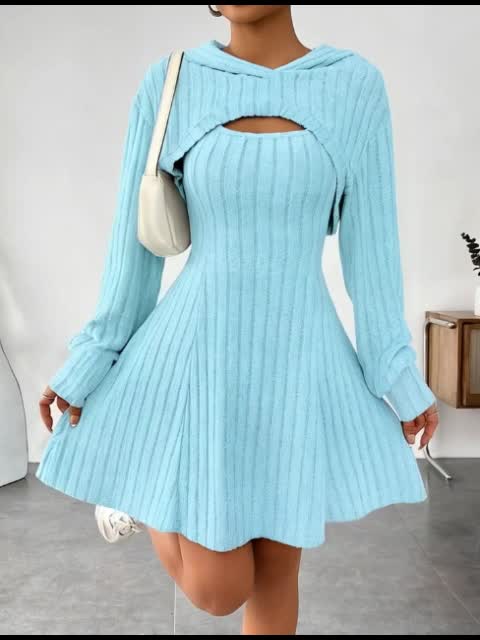 Women’s Ribbed Two-Piece Dress Set – Hooded Short Top & Bodycon Dress