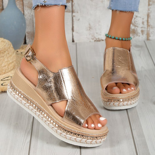 Loom & Soul™ Shiny Wedge Sandals – Women’s Hollow Fish Mouth Buckle Sandals