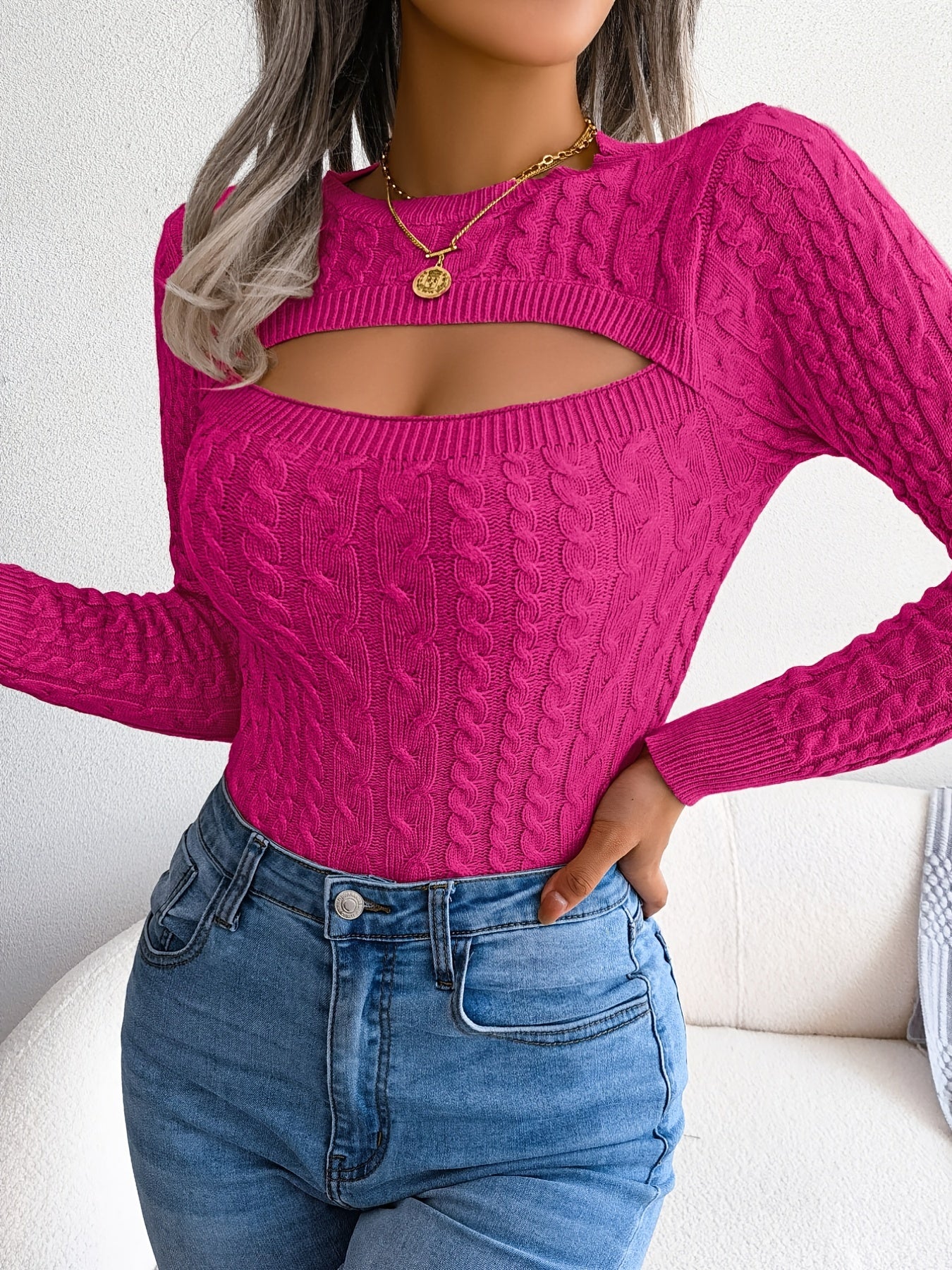Women’s Hollow-Out Knit Sweater – Sexy Slim-Fit Pullover Top
