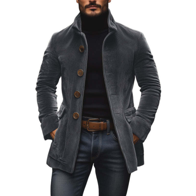 Chaqueta de pana para hombre con cuello alto – Abrigo casual ajustado con botones