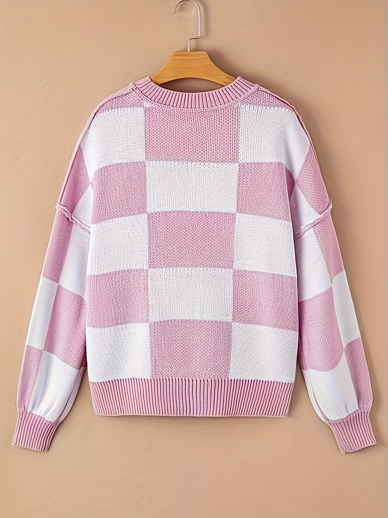 Checkered Knit Sweater – Cozy Fall/Winter Crewneck Plaid Pullover