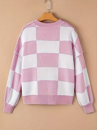 Checkered Knit Sweater – Cozy Fall/Winter Crewneck Plaid Pullover