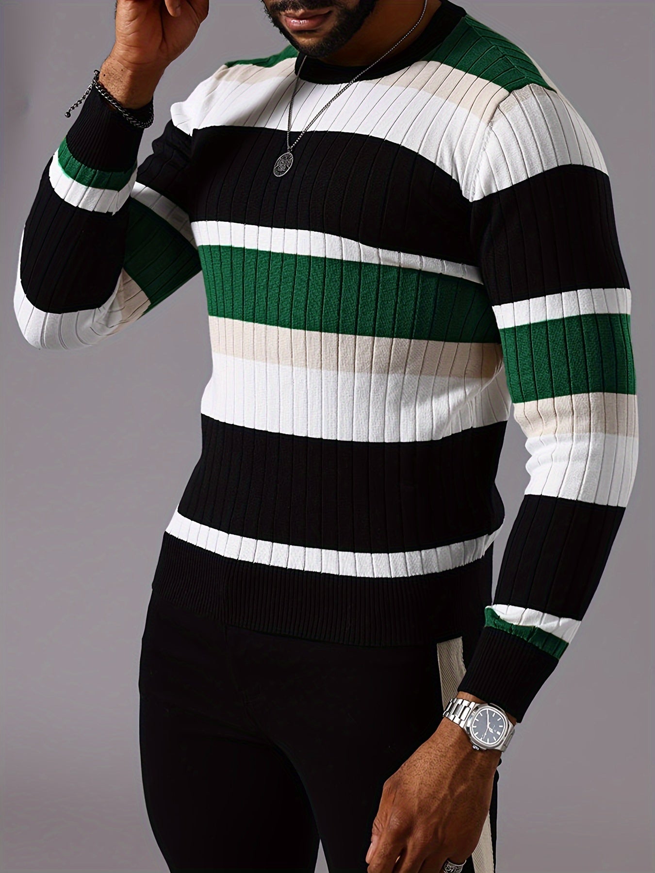 Men’s Striped Ribbed Knit Sweater – Color-Block Fall Winter Pullover