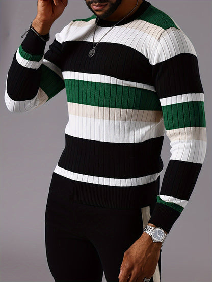 Men’s Striped Ribbed Knit Sweater – Color-Block Fall Winter Pullover