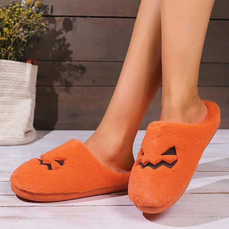Loom & Soul Halloween Pumpkin Slippers – Women’s Winter Warm Plush Indoor Slippers, Non-Slip Cozy House Shoes (