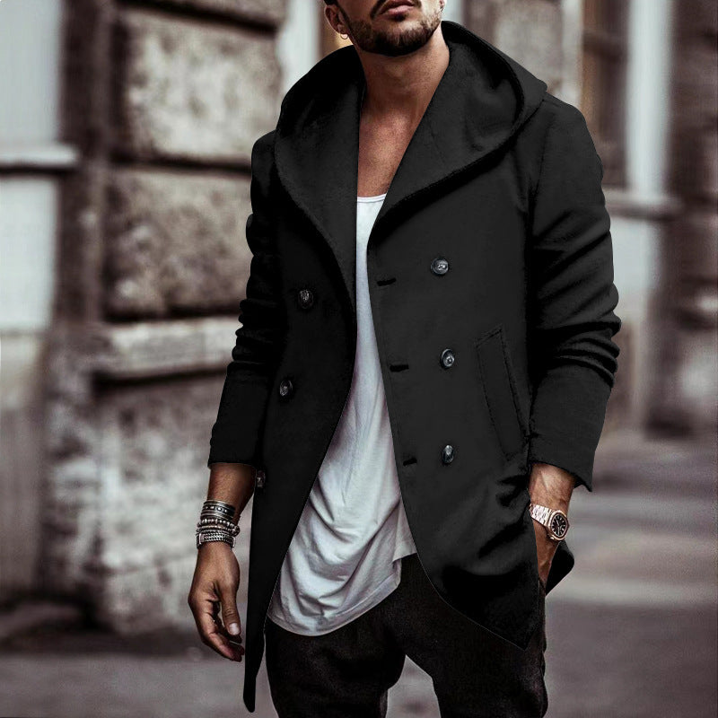 Trench-coat à capuche croisé pour homme – Coupe ample mi-longue