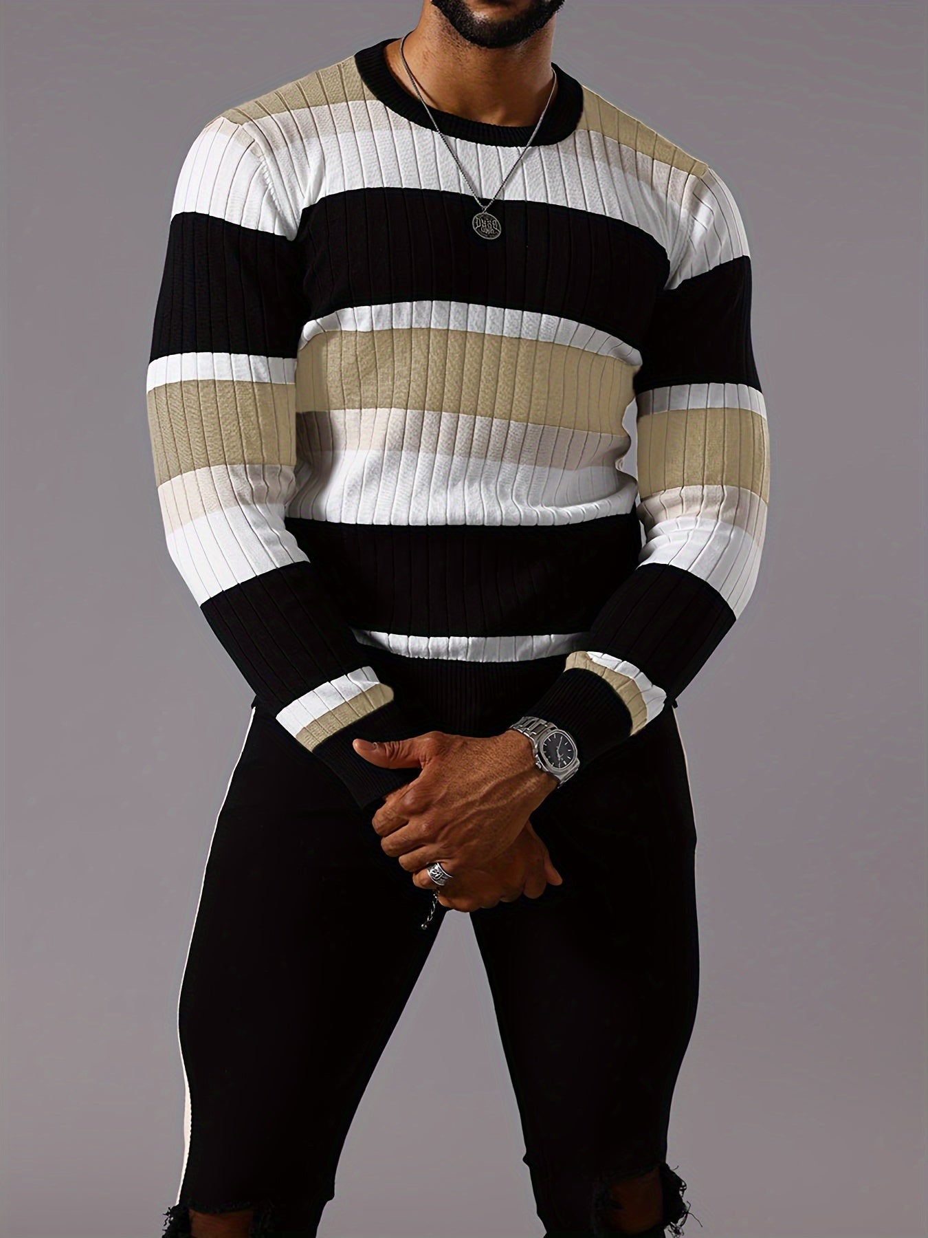 Men’s Striped Ribbed Knit Sweater – Color-Block Fall Winter Pullover