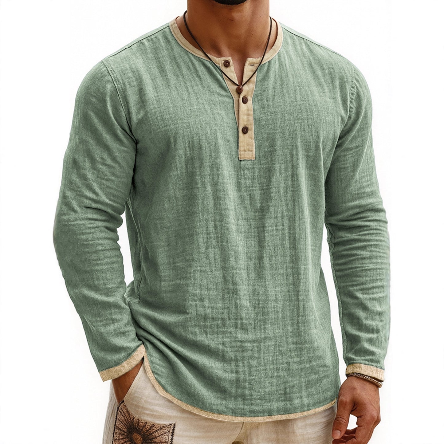 Camiseta Henley de manga larga con estampado digital bicolor para hombre – Corte ajustado de 3 botones