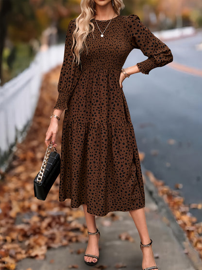 Leopard Print Long Sleeve Maxi Dress – Elegant A-Line Flowing Dress