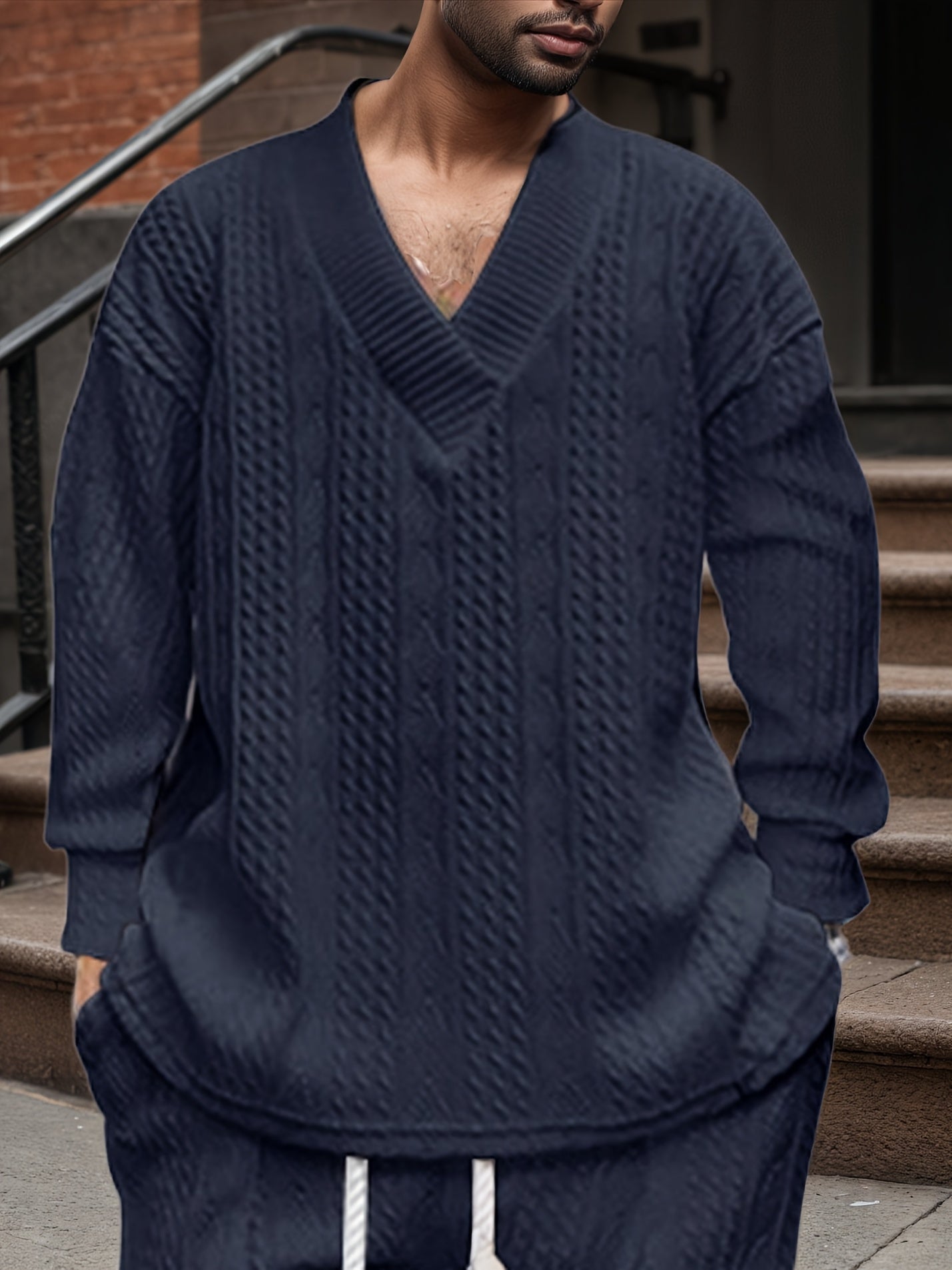 Pull décontracté pour homme en maille col V jacquard côtelé