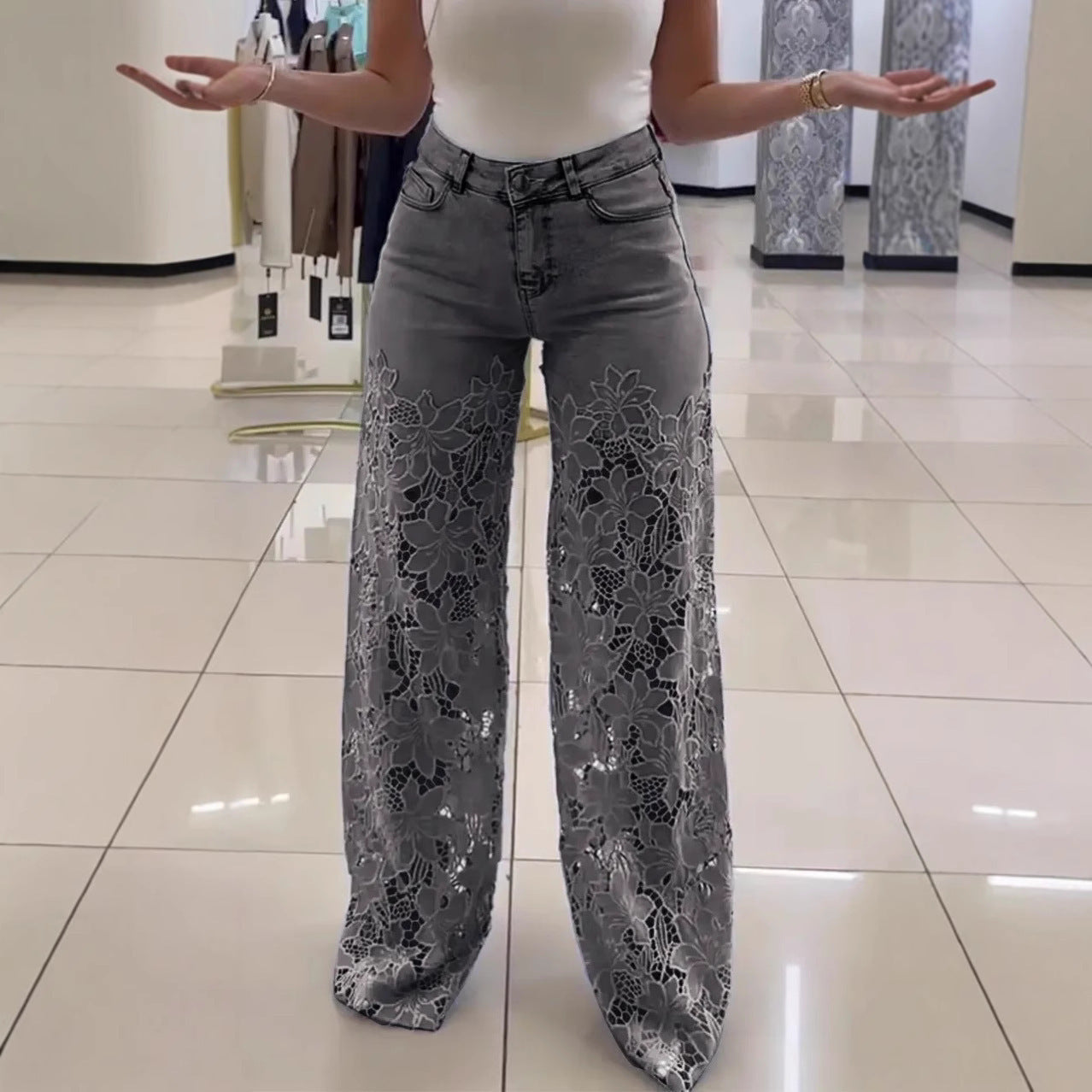 Loom & Soul™ Y2K Lace Hollow Jeans – Women’s High-Waist Wide-Leg Pants with Floral Cutout Detailing