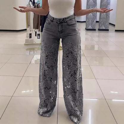 Loom & Soul™ Y2K Lace Hollow Jeans – Women’s High-Waist Wide-Leg Pants with Floral Cutout Detailing