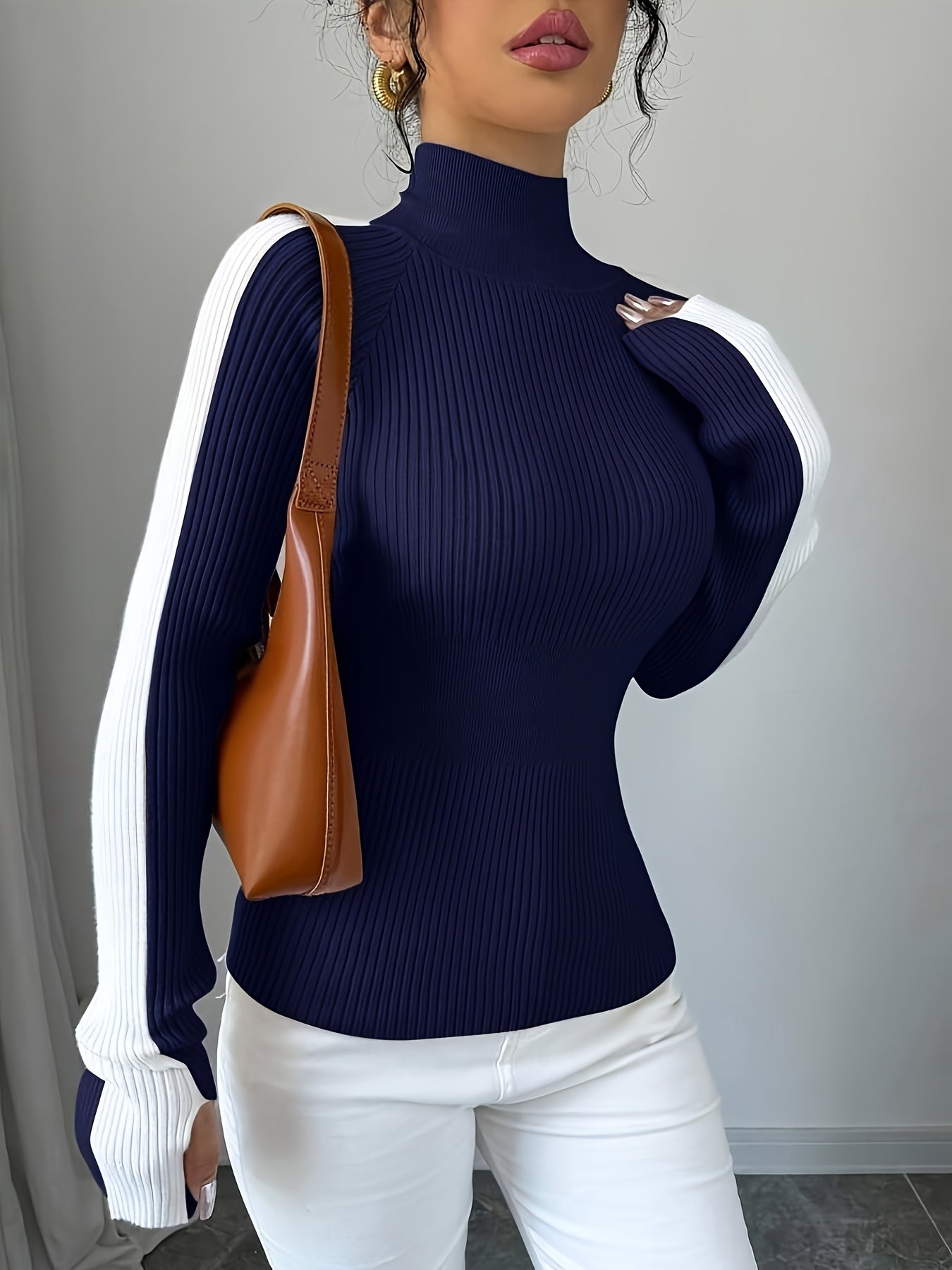 Suéter de cuello alto color block para mujer - Blusa elegante de punto suave