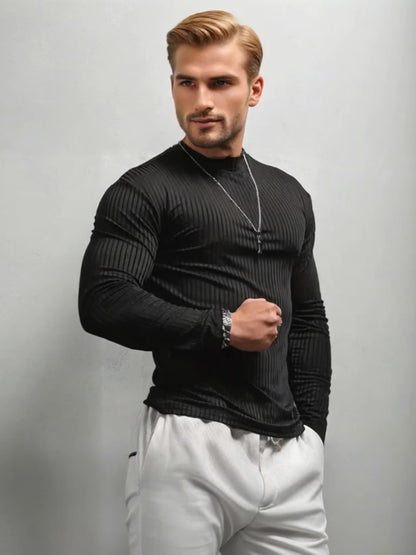 T-shirt côtelé ajusté à manches longues pour homme – Col montant athlétique