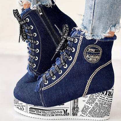 Women’s Dazzle Chunky Heel Boots – Lace-Up Heart Lace Ankle Booties