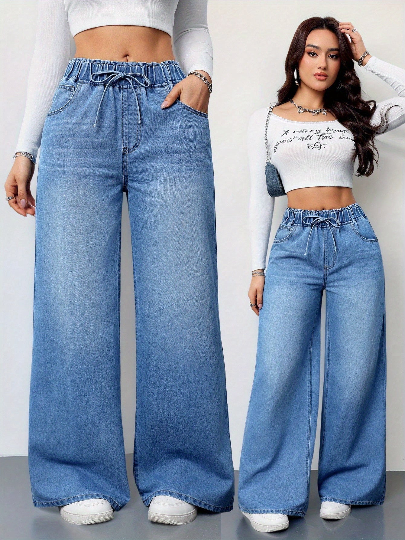 Women’s High-Waist Wide-Leg Jeans – 2025 Stretch Drawstring Denim