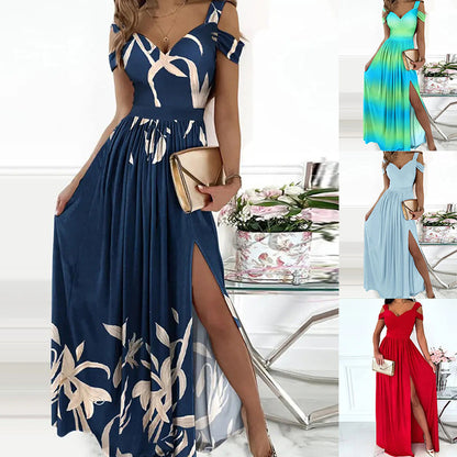 Boho V-Neck Spaghetti Strap Maxi Dress – Flowy Split Beach Party Dress