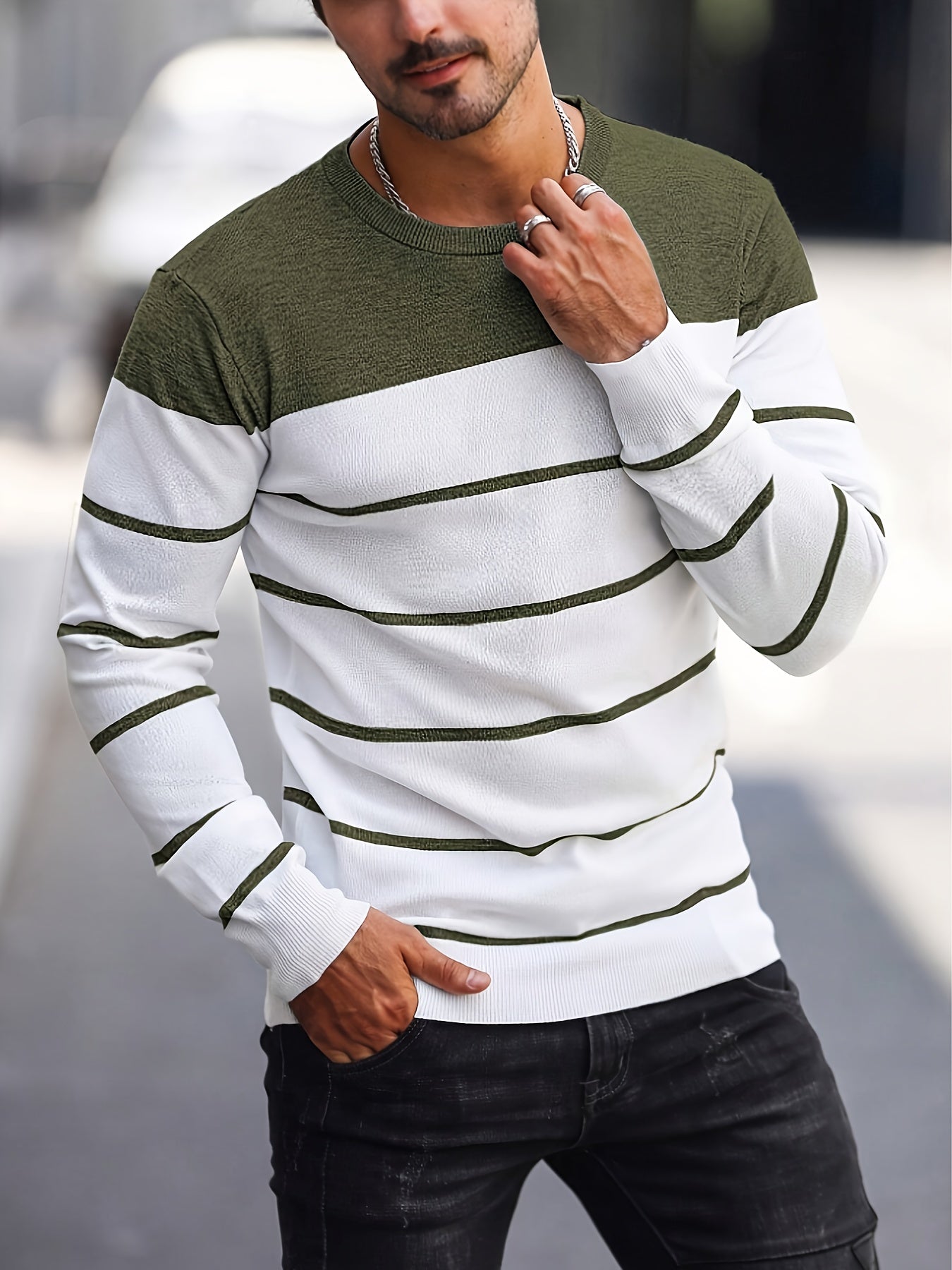 Pull tricoté rayé bleu marine pour homme – Col rond décontracté