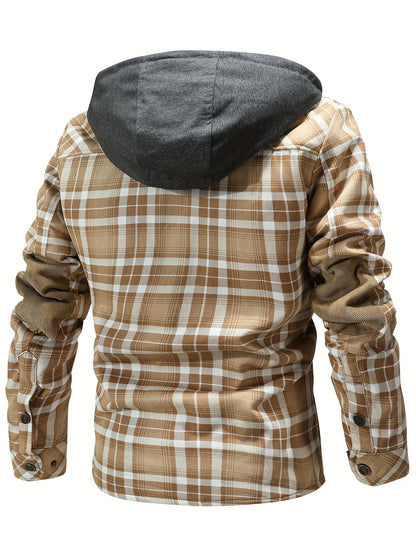Men’s Plaid Flannel Hooded Jacket – Asymmetrical Button Tartan Coat