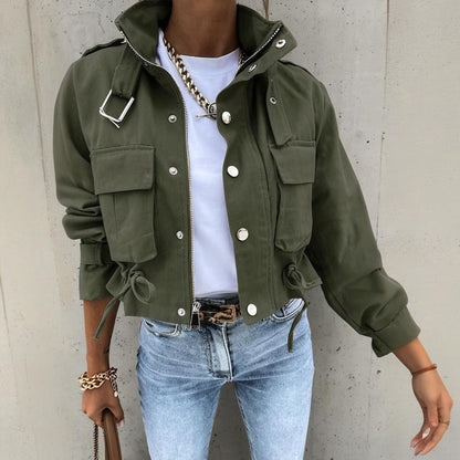 Chaqueta Corta Casual para Mujer con Cuello Alto, Botones y Cremallera