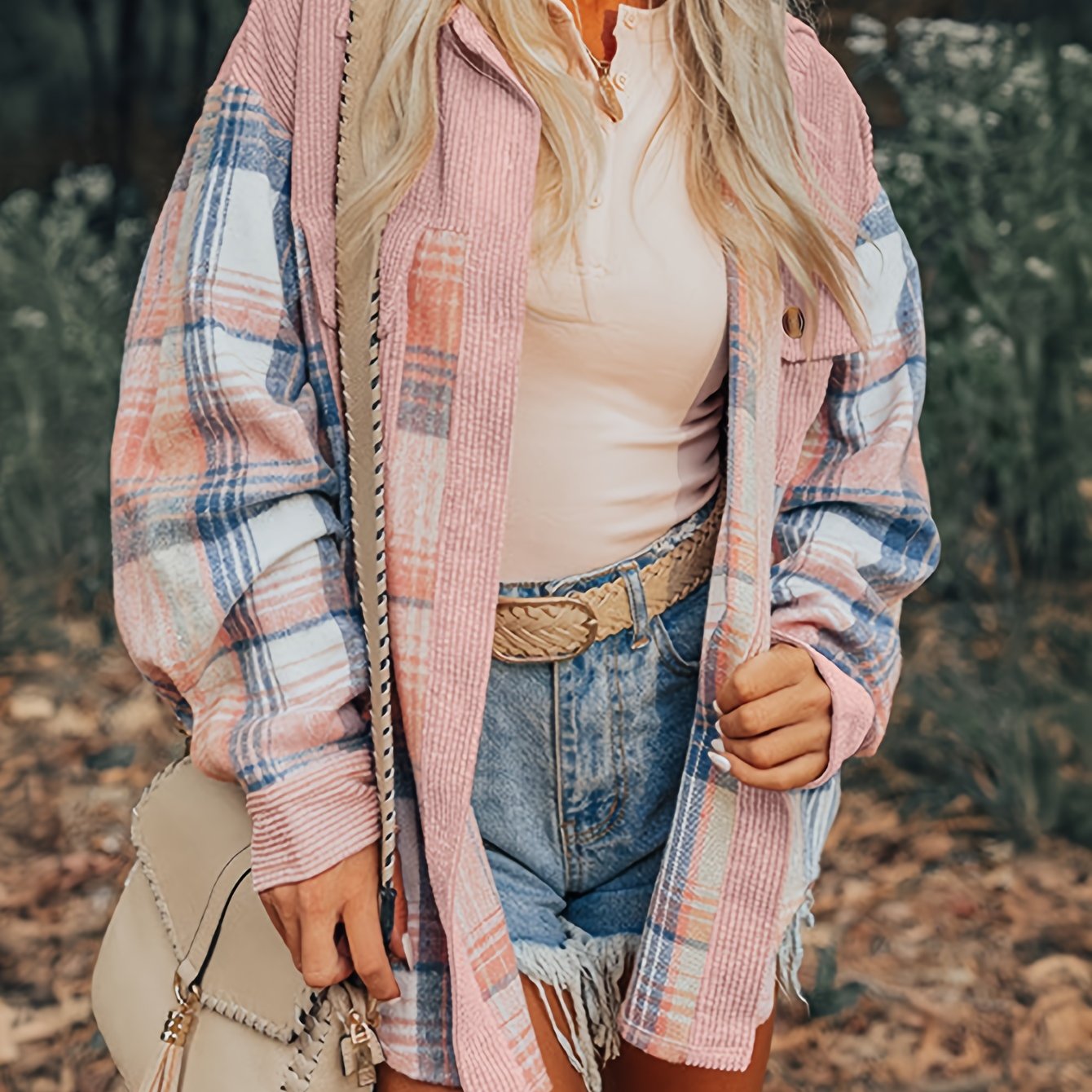 Women’s Plaid Lapel Jacket – Button-Up Drop Shoulder Fall/Spring Shacket