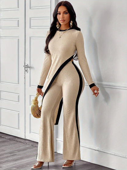 Women’s Elegant Asymmetrical Jumpsuit Set – Crew Neck Top & Flare Pants